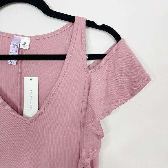 New Alya Cold Shoulder Ribbed Dress Rose Pink VNeck Short Sleeve XSmall XS - Picture 3 of 7